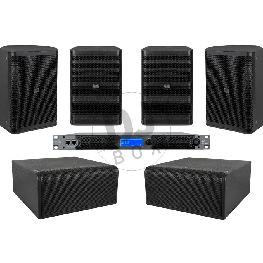 DAP Audio Café/Retail/Bar Premium Speaker Package - 4x8" Wall Speakers/Dual 8" Subwoofer & Amp at DJbox.ie DJ Shop