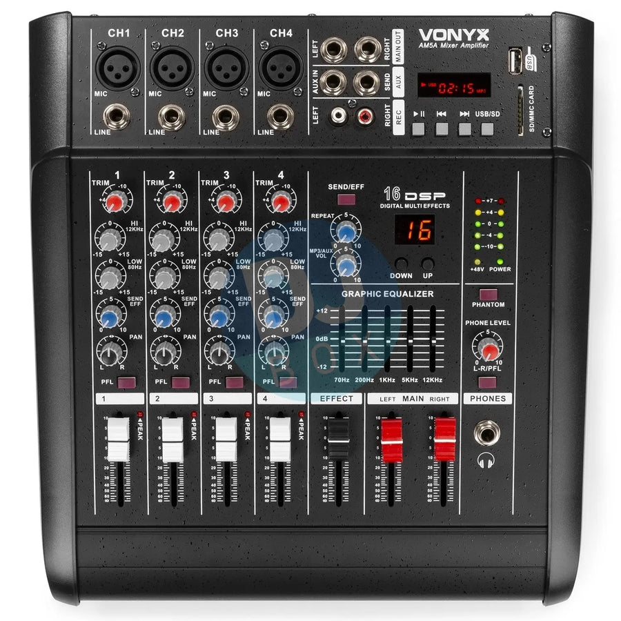 Vonyx Vonyx AM5A 5-Channel Mixer with Amplifier - ACTIVE at DJbox.ie DJ Shop