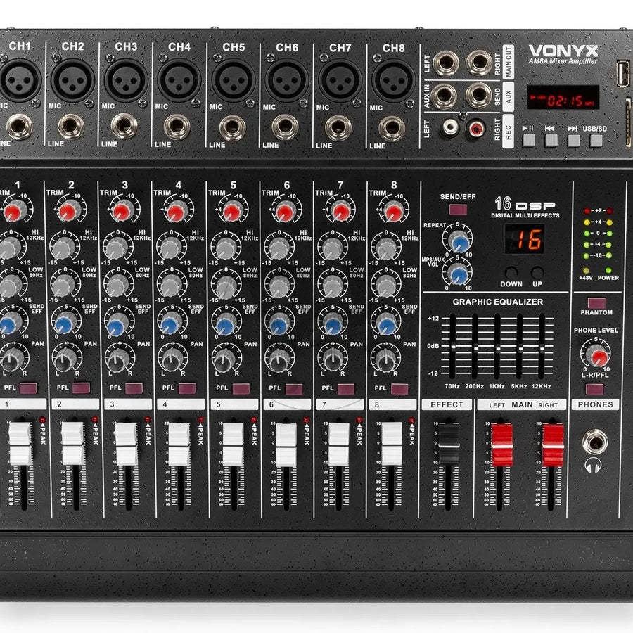 Vonyx Vonyx AM8A 8-Channel Mixer with Amplifier DSP/BT/SD/USB/MP3 at DJbox.ie DJ Shop