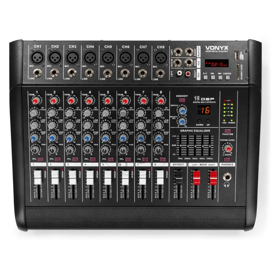 Vonyx Vonyx AM8A 8-Channel Mixer with Amplifier DSP/BT/SD/USB/MP3 at DJbox.ie DJ Shop