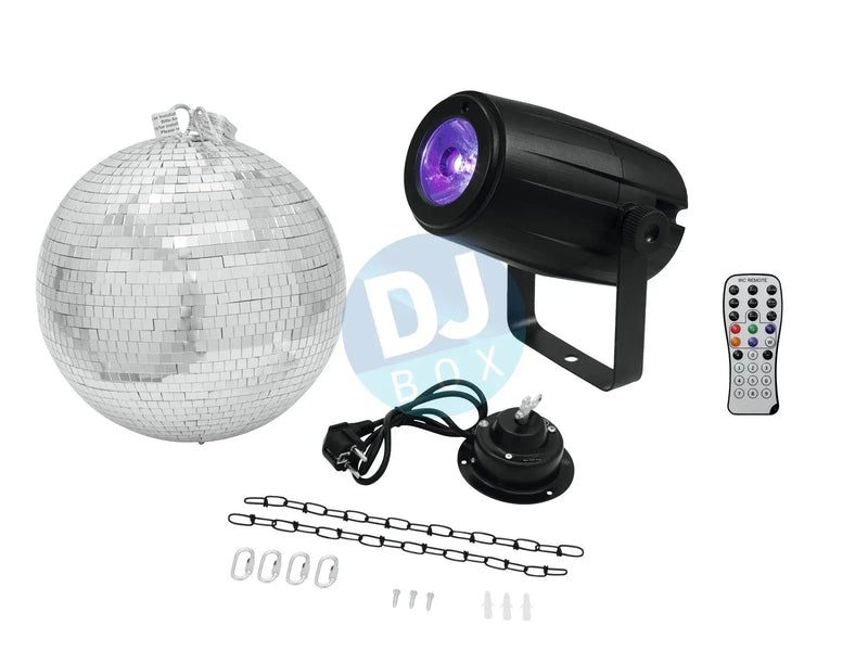 Eurolite 30cm Mirrorball set with RGBW LED Pinspot DJbox.ie DJ Shop