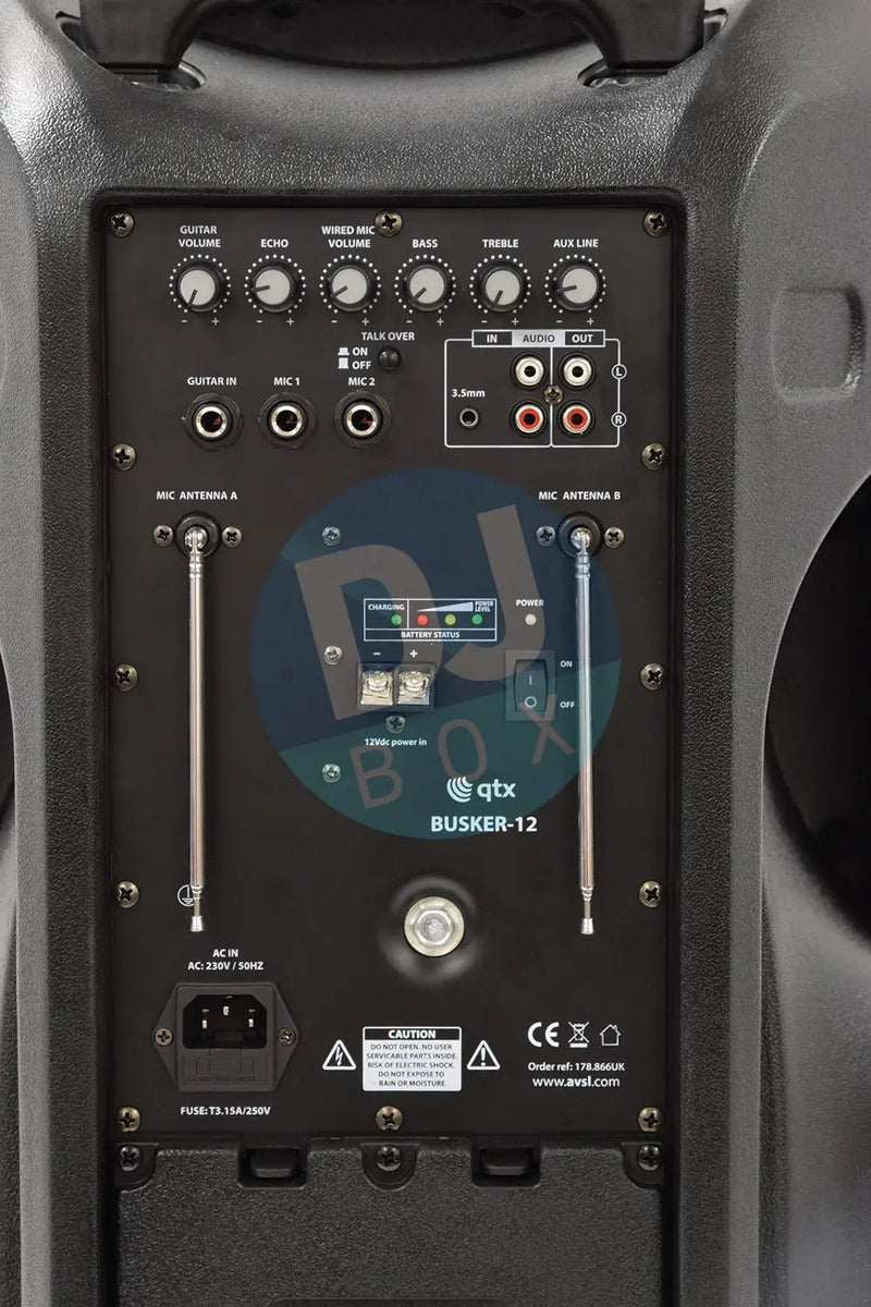 QTX QTX 12” Busker PA with VHF Mics, Media Player & Bluetooth DJbox.ie DJ Shop